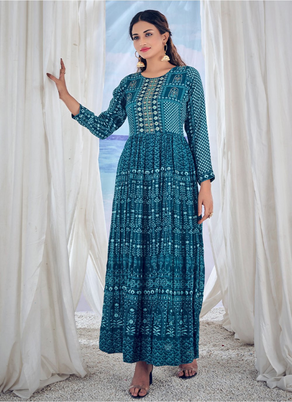 Gown Muslin Viscose Aqua Blue Embroidered Gown