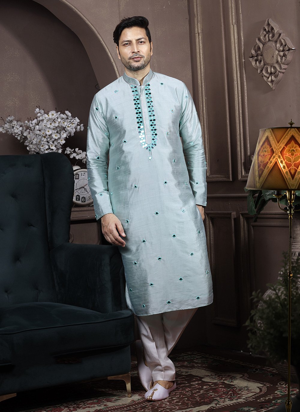 Kurta Pyjama Silk Aqua Blue Embroidered Mens