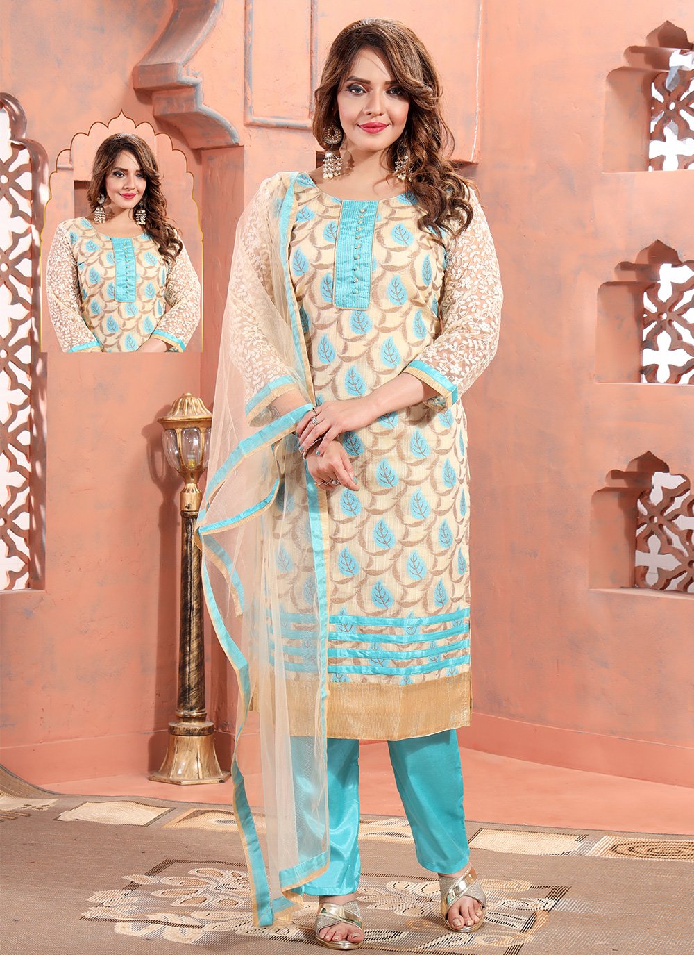 Pant Style Suit Brocade Silk Aqua Blue Buttons Salwar Kameez