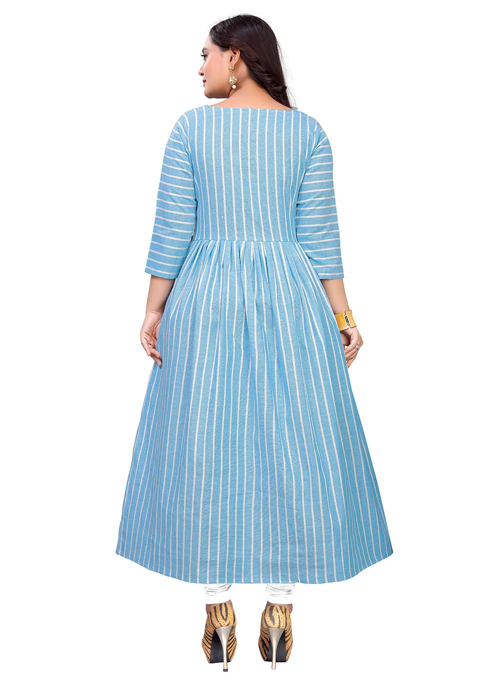 Gown Cotton Aqua Blue Strips Print Gown