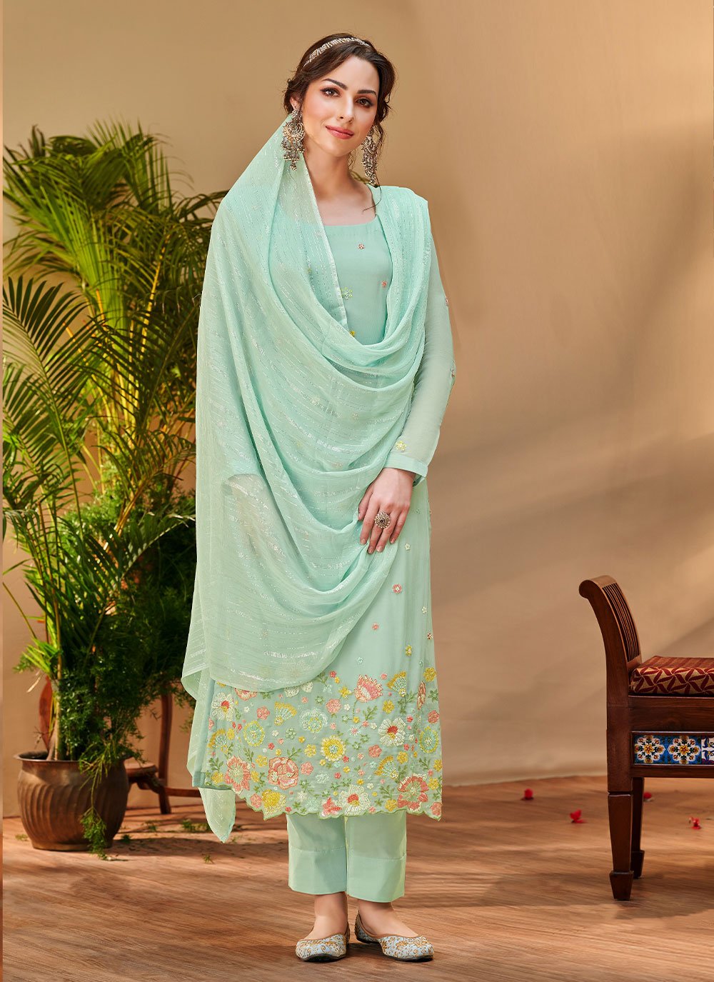 Salwar Suit Georgette Viscose Aqua Blue Embroidered Salwar Kameez