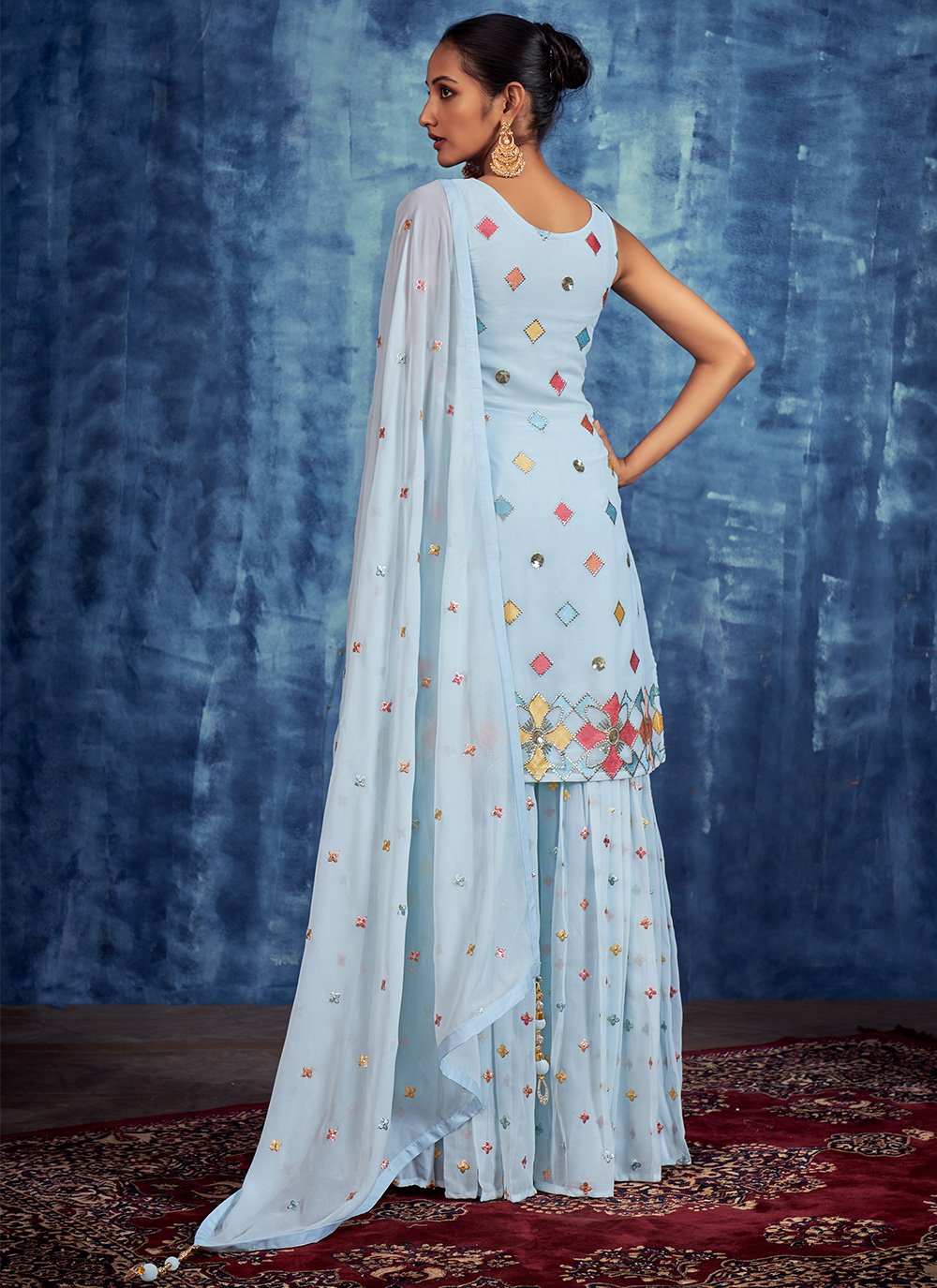 Straight Salwar Suit Georgette Aqua Blue Hand Work Salwar Kameez