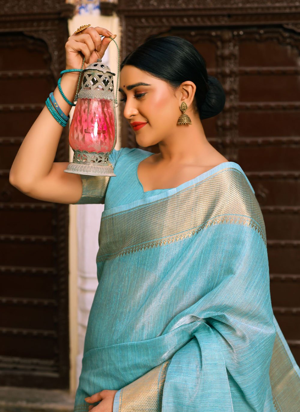 Classic Linen Silk Aqua Blue Woven Saree