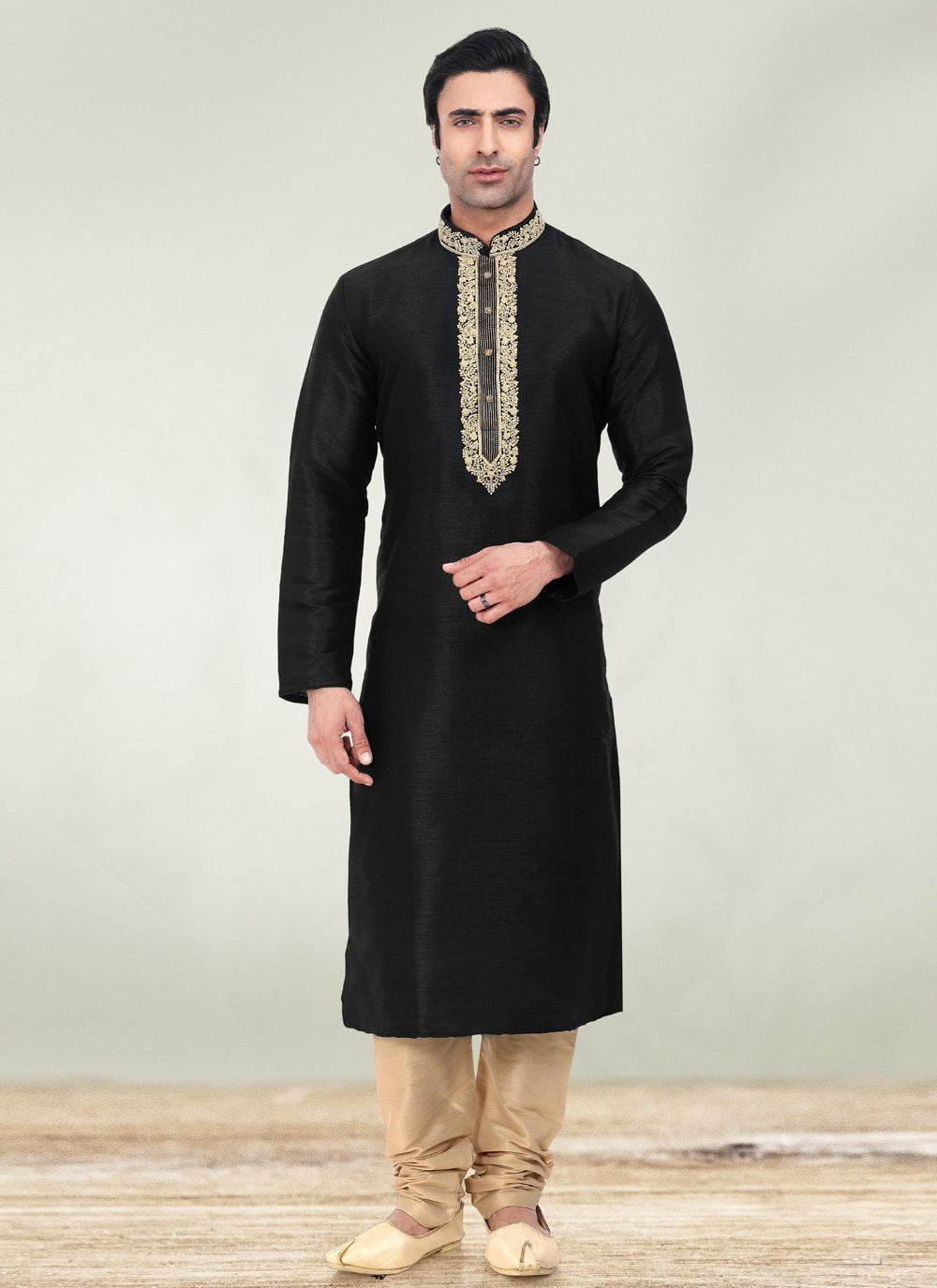 Kurta Pyjama Art Banarasi Silk Black Embroidered Mens