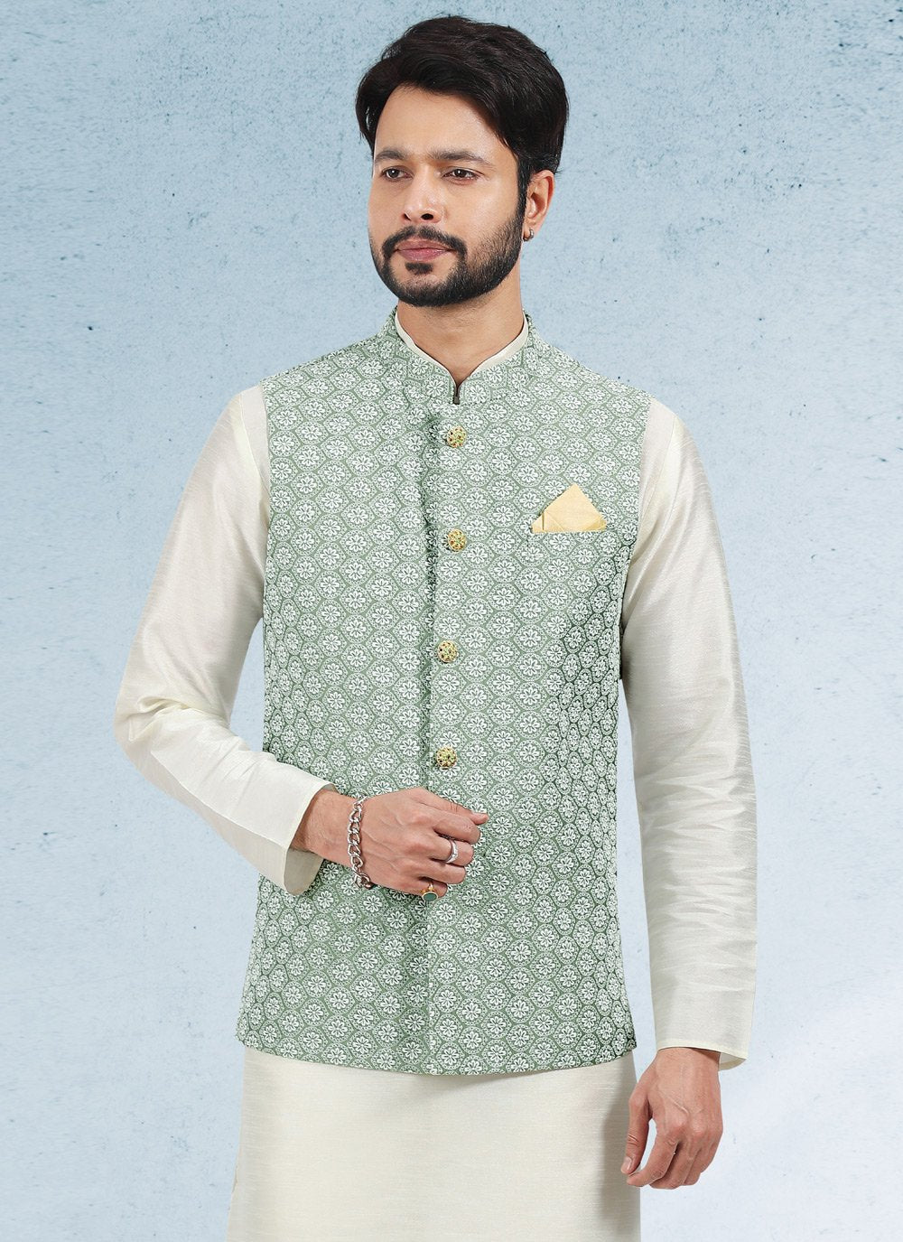 Kurta Payjama With Jacket Art Banarasi Silk Cream Green Thread Mens