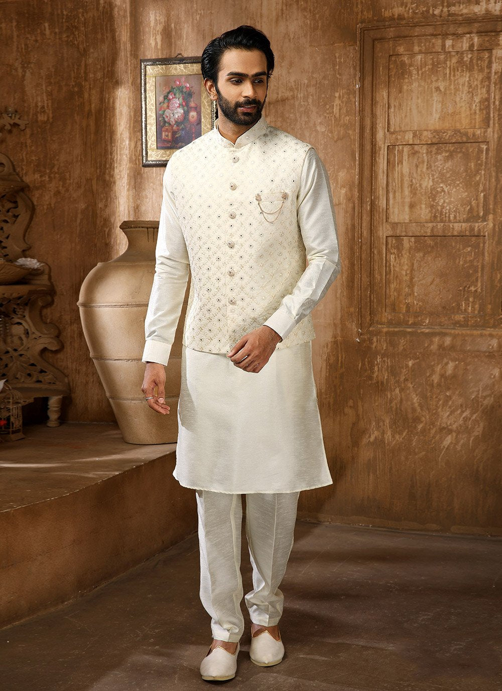 Kurta Payjama With Jacket Art Banarasi Silk Cream Embroidered Mens