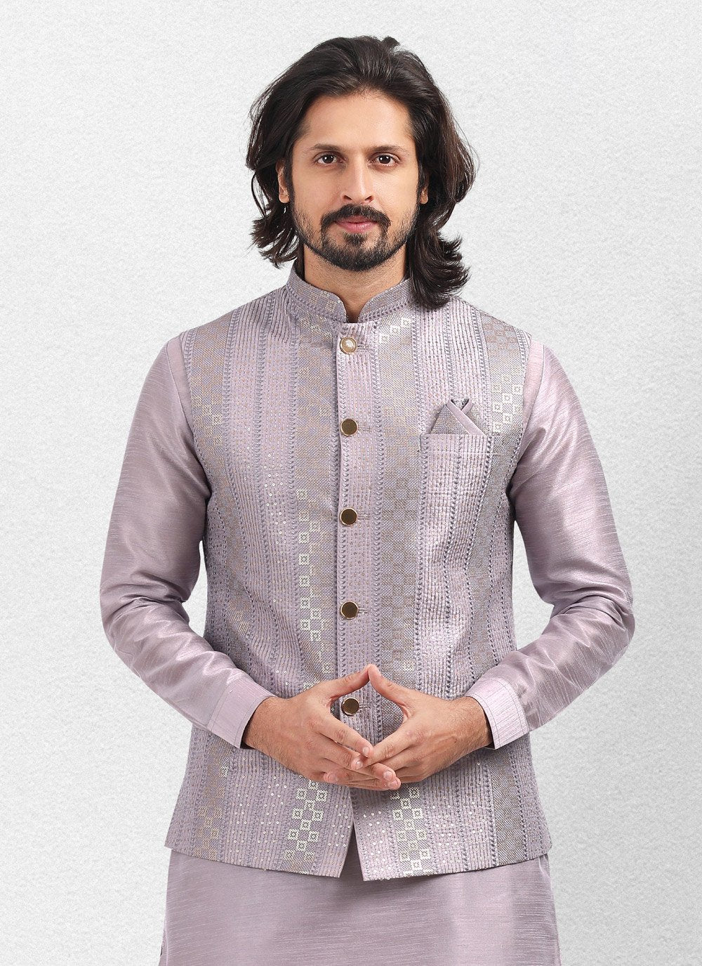 Kurta Payjama With Jacket Art Banarasi Silk Lavender Embroidered Mens