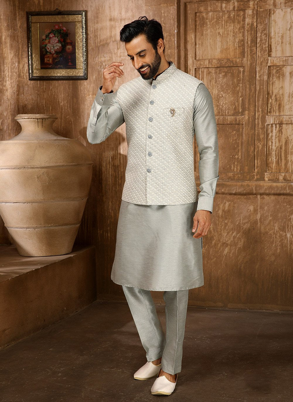Kurta Payjama With Jacket Art Banarasi Silk Grey Embroidered Mens