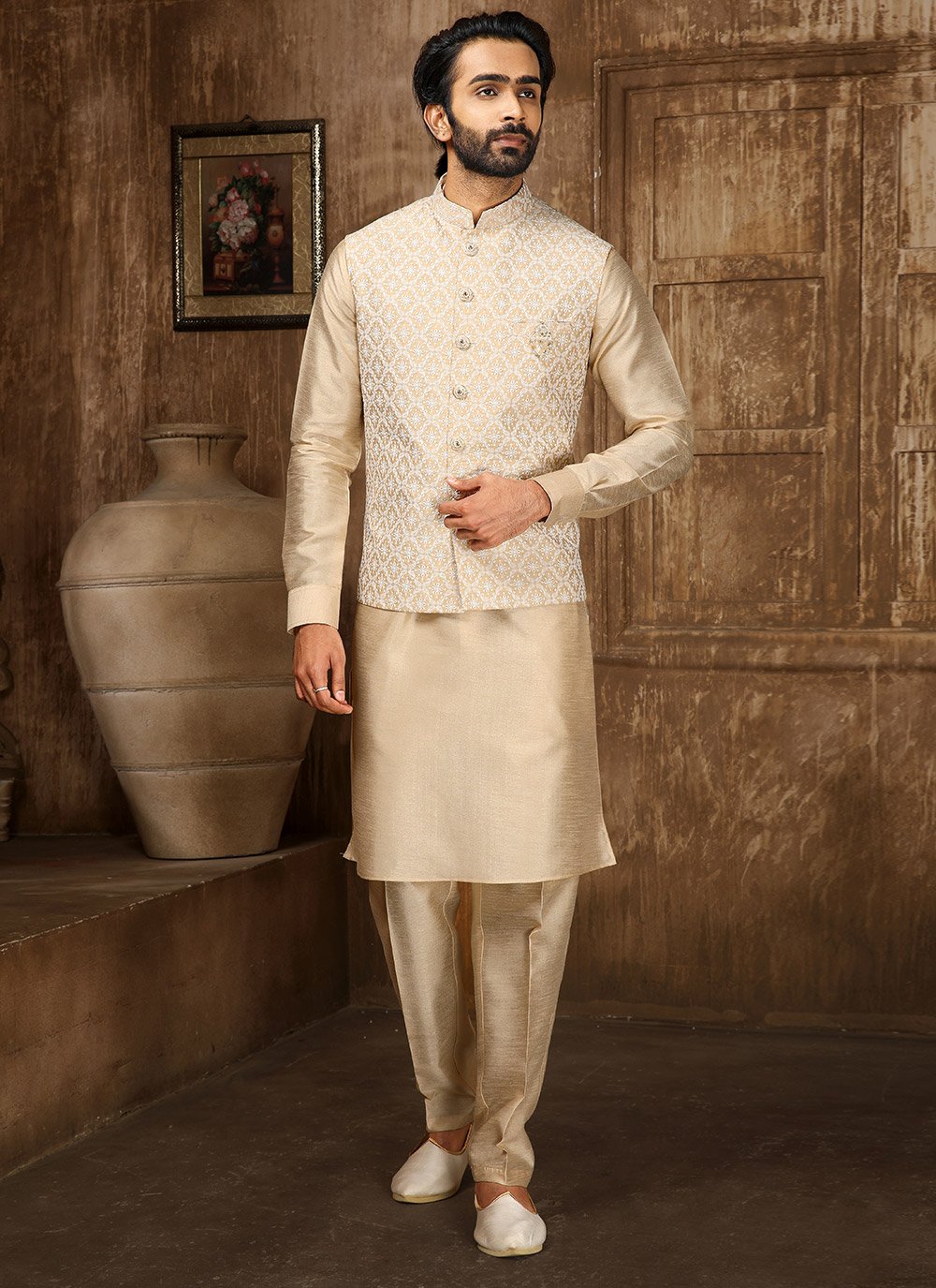 Kurta Payjama With Jacket Art Banarasi Silk Beige Embroidered Mens