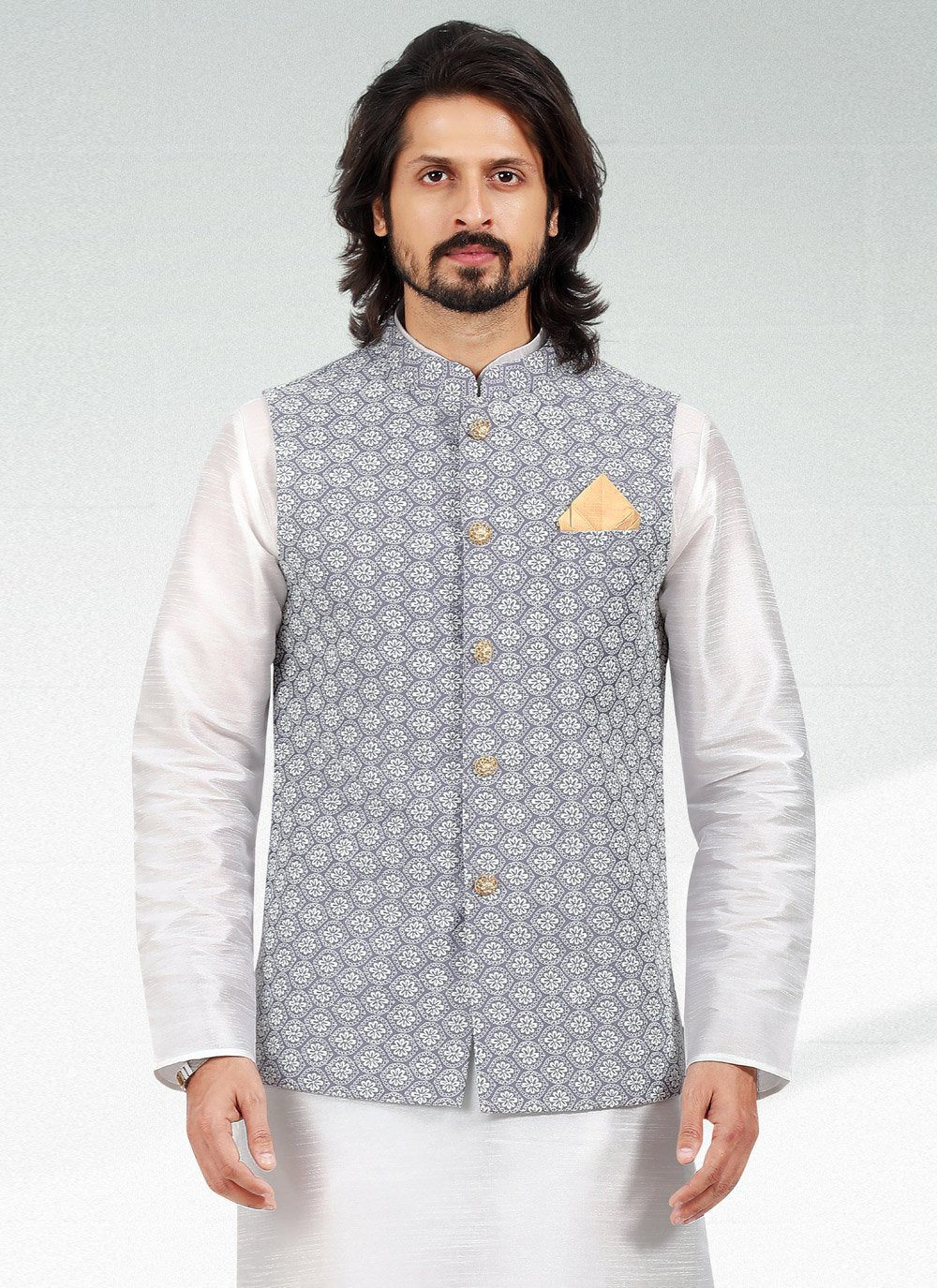 Kurta Payjama With Jacket Art Banarasi Silk Off White Purple Thread Mens