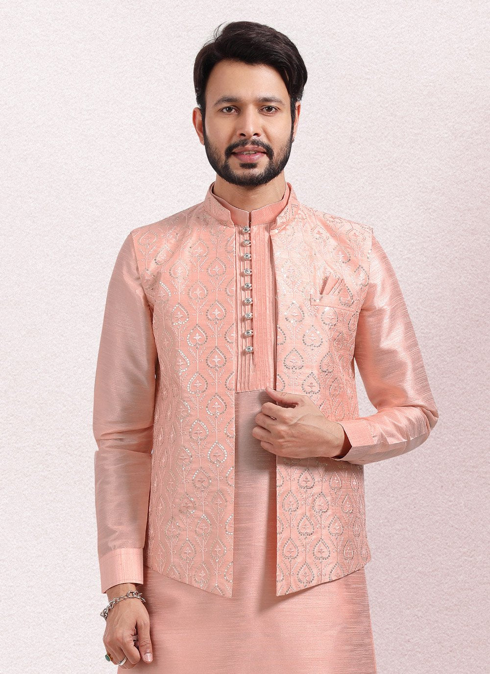 Kurta Payjama With Jacket Art Banarasi Silk Peach Embroidered Mens