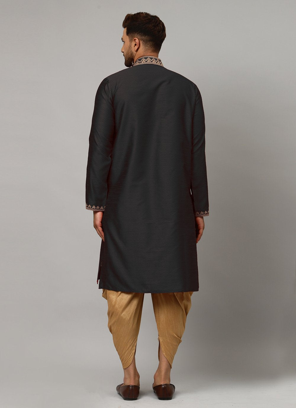 Angrakha Art Dupion Silk Black Aari Work Mens