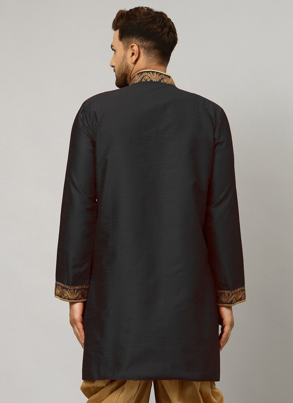 Angrakha Art Dupion Silk Black Embroidered Mens