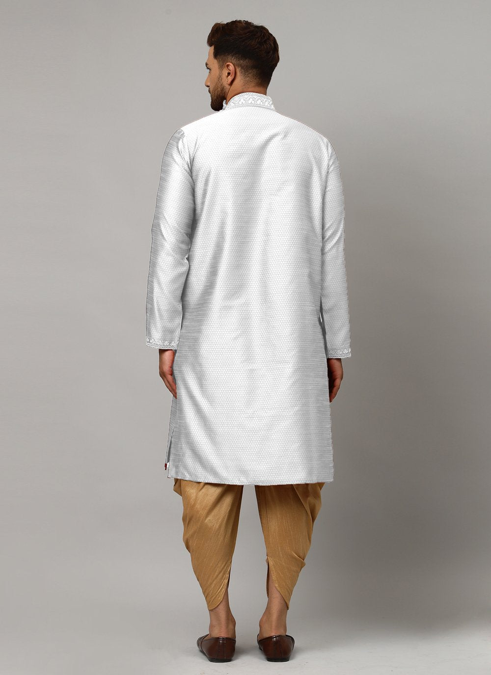 Angrakha Art Dupion Silk Silver Aari Work Mens