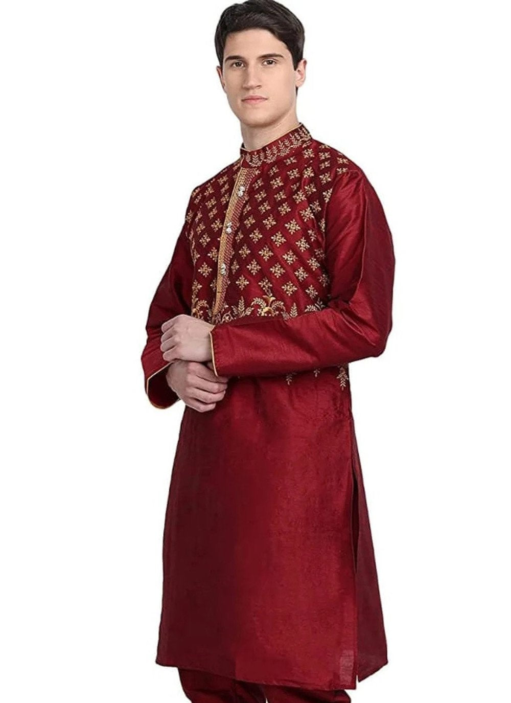 Kurta Art Dupion Silk Maroon Embroidered Mens