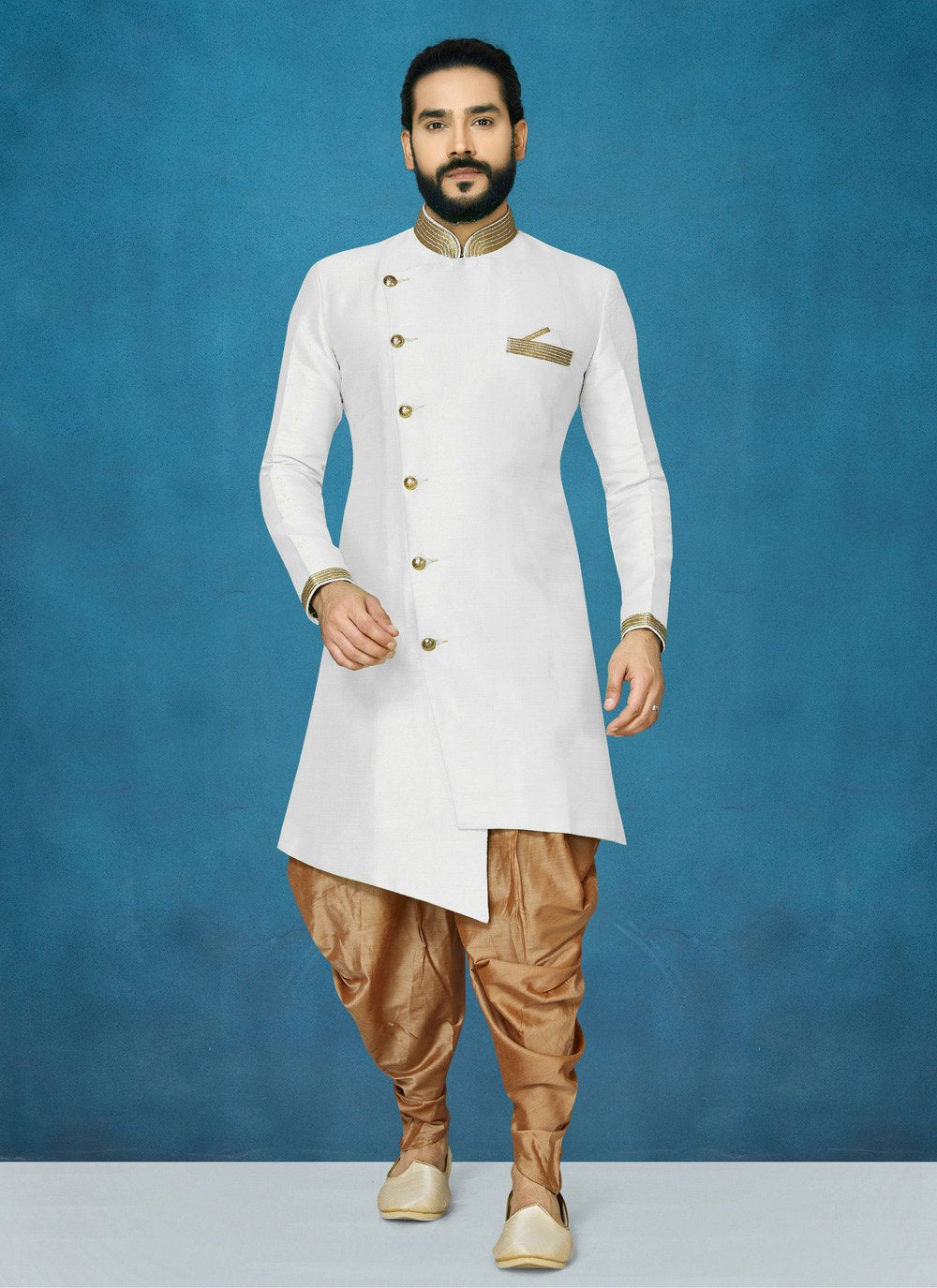 Indo Western Art Dupion Silk White Buttons Mens