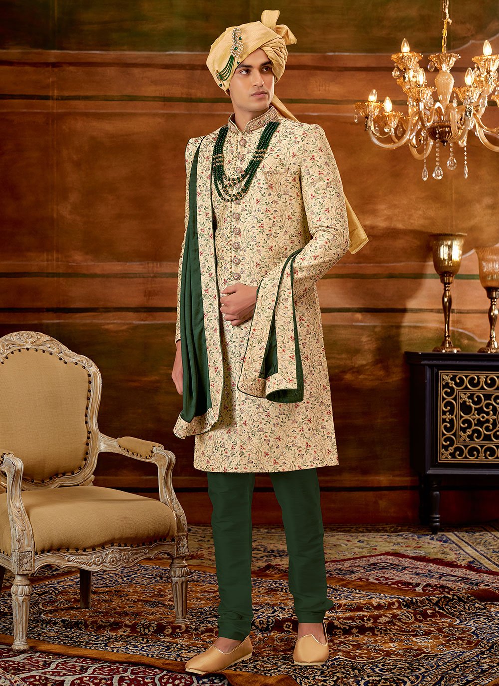 Sherwani Art Silk Beige Hand Work Mens