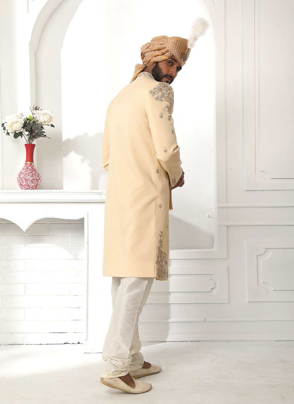 Sherwani Art Silk Beige Embroidered Mens