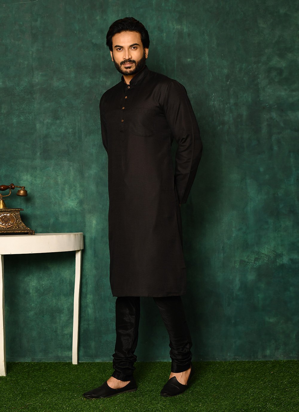 Kurta Pyjama Art Silk Black Fancy Work Mens