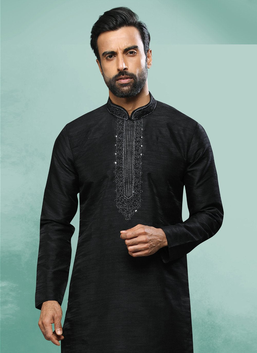 Kurta Pyjama Art Silk Black Embroidered Mens
