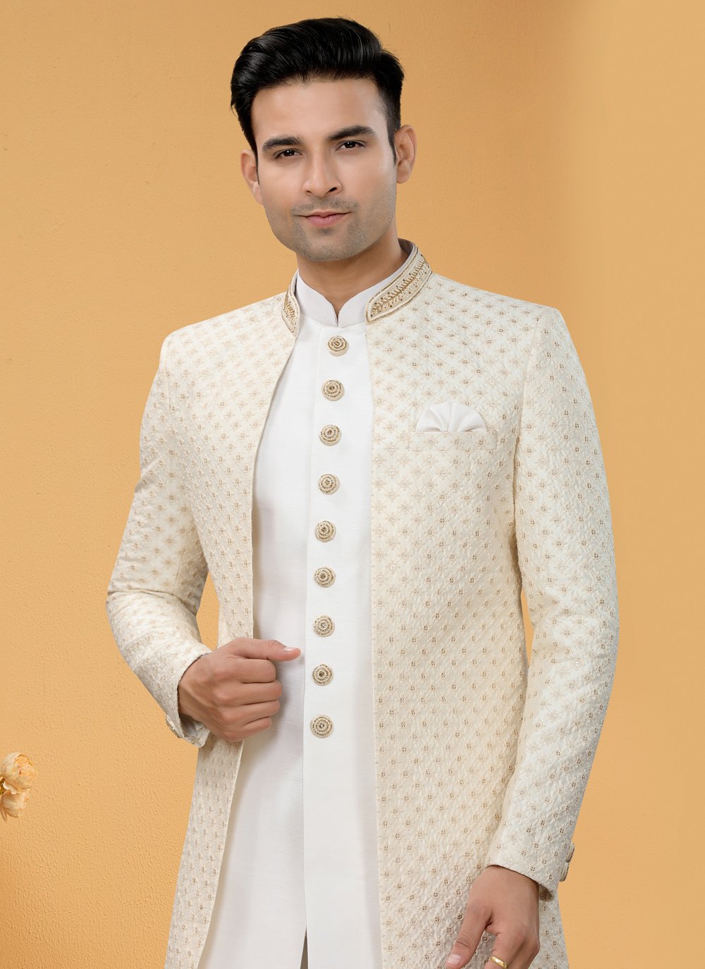 Indo Western Sherwani Art Silk Cream Off White Hand Work Mens