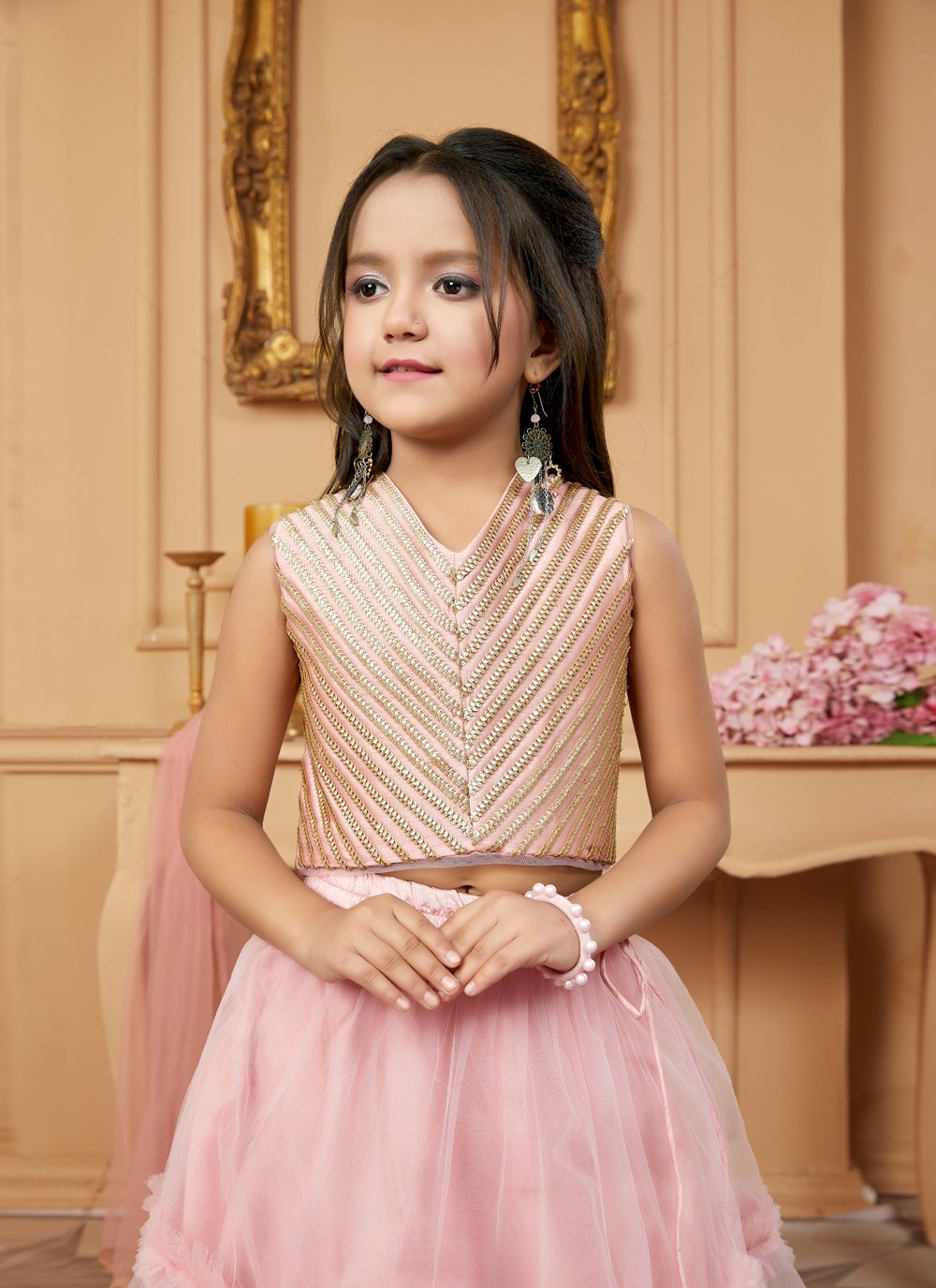 Lehenga Choli Art Silk Pink Fancy Work Kids