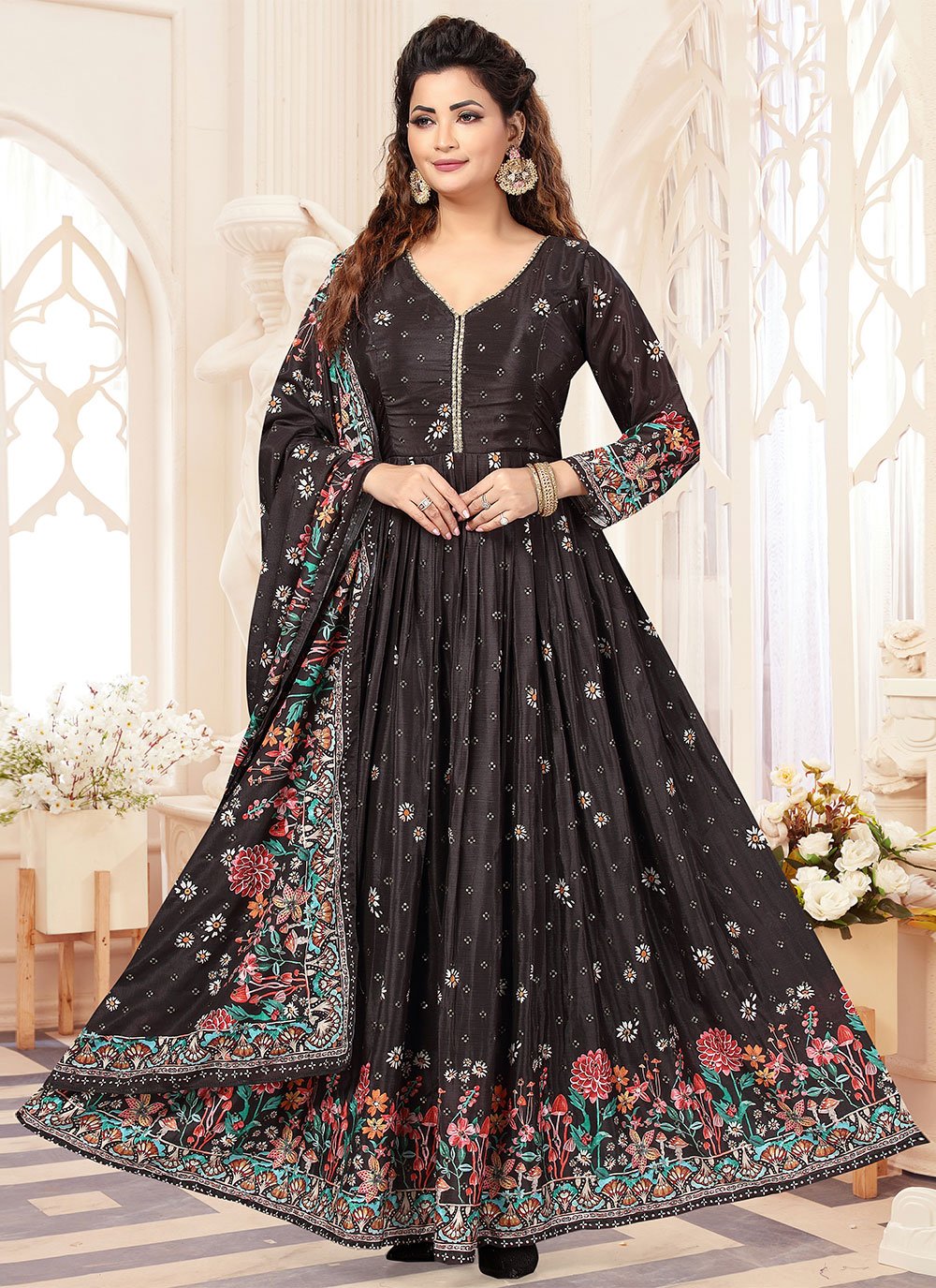 Salwar Suit Art Silk Brown Embroidered Salwar Kameez