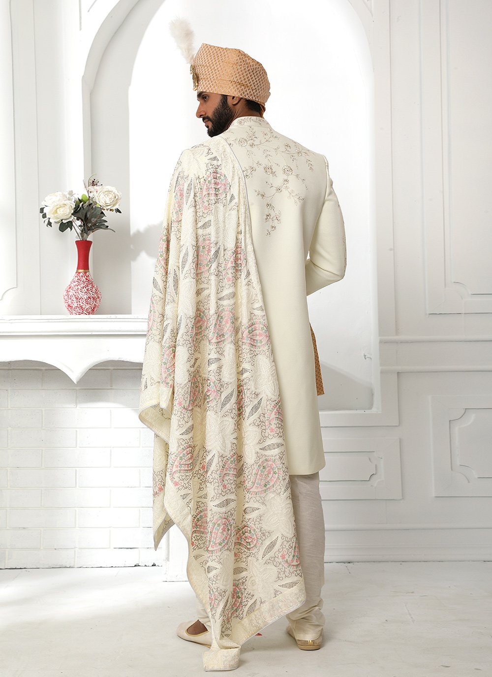 Indo Western Sherwani Art Silk Cream Embroidered Mens