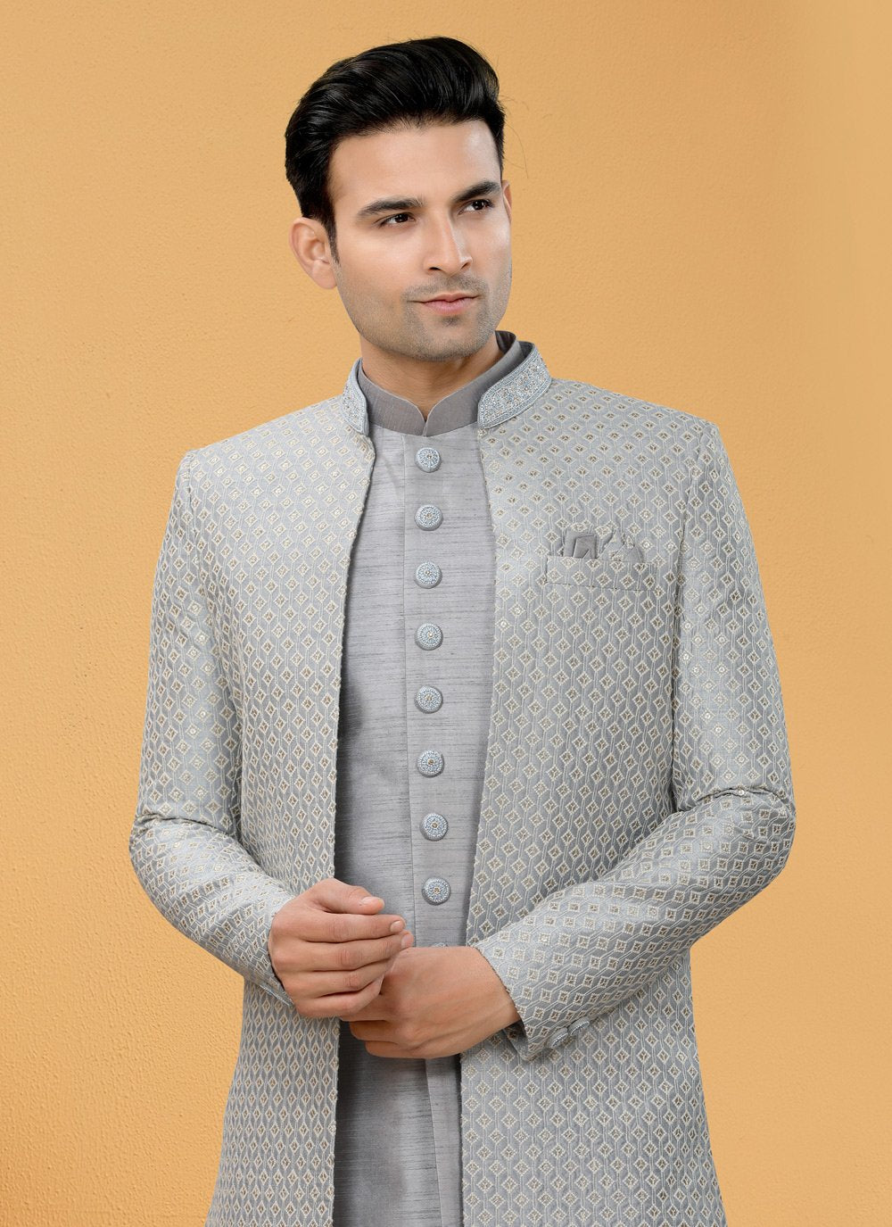 Indo Western Sherwani Art Silk Grey Hand Work Mens