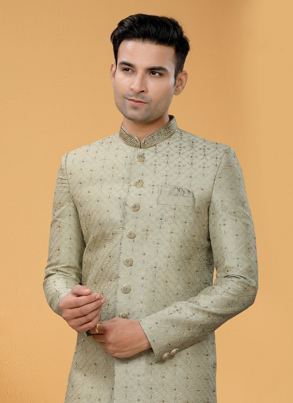 Indo Western Sherwani Art Silk Green Hand Work Mens