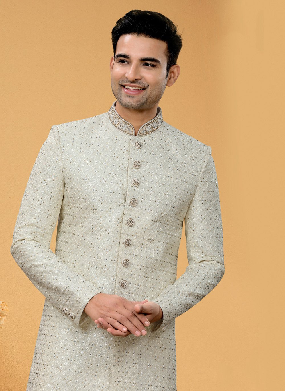 Indo Western Sherwani Art Silk Off White Diamond Mens