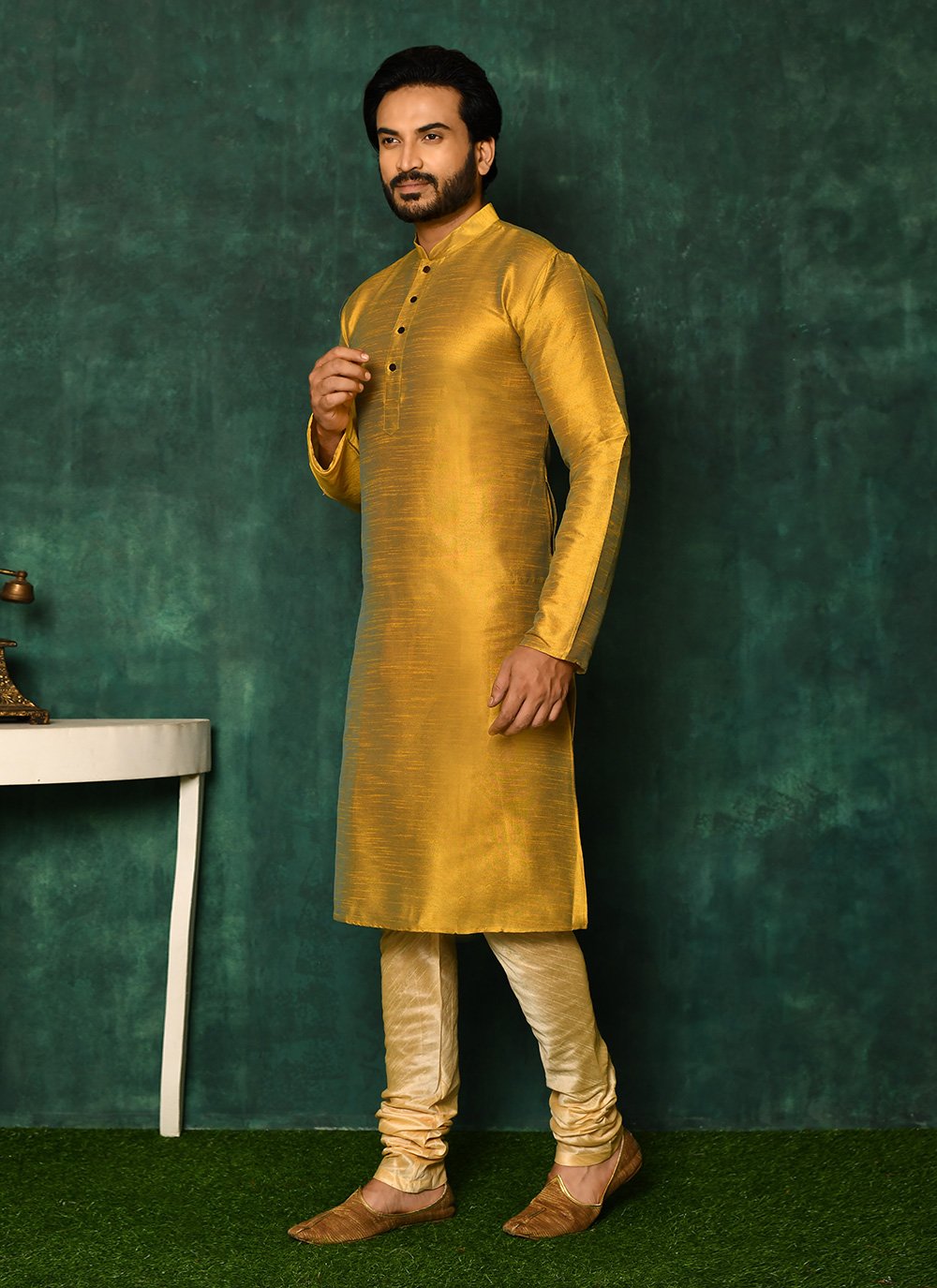 Kurta Pyjama Art Silk Gold Fancy Work Mens
