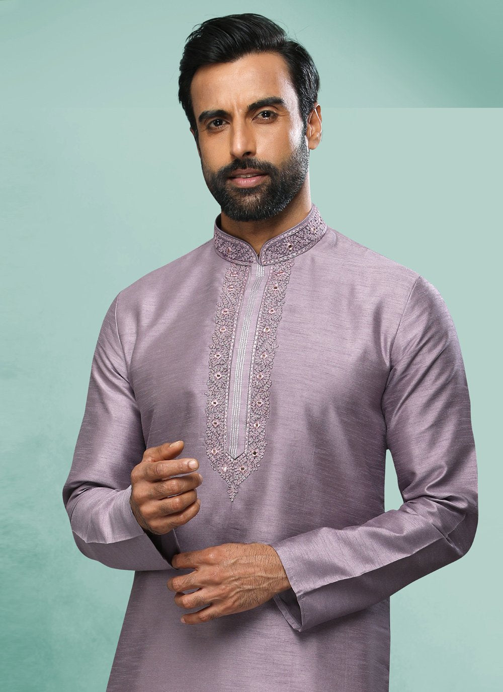Kurta Pyjama Art Silk Lavender Embroidered Mens