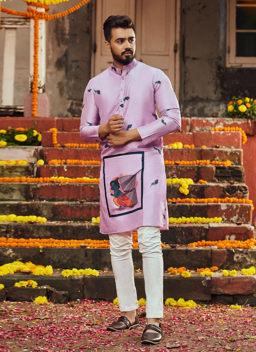 Kurta Pyjama Art Silk Lavender Embroidered Mens