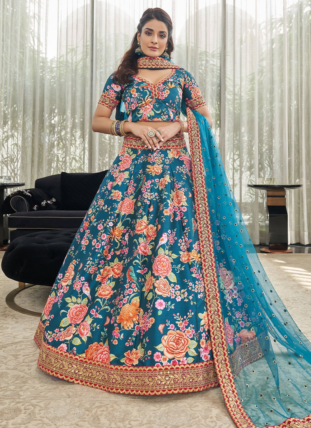 Lehenga Choli Art Silk Teal Digital Print Lehenga Choli