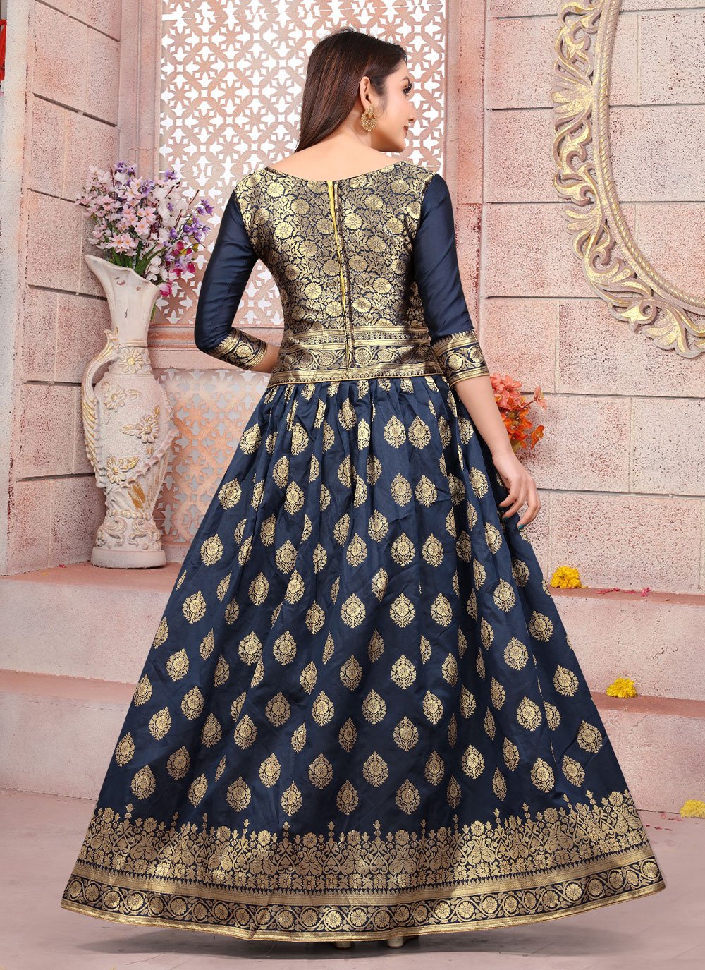 Designer Gown Art Silk Morpeach Weaving Gown