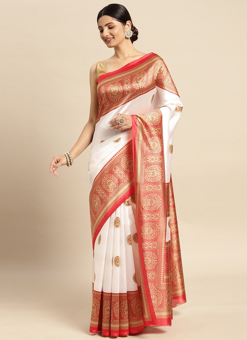 Casual Art Silk Off White Red Print Saree