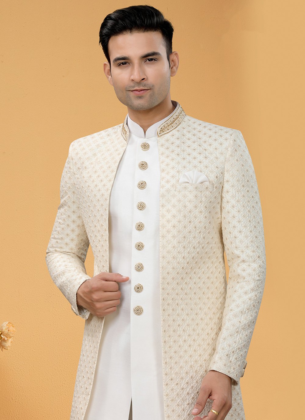 Indo Western Sherwani Art Silk Off White Hand Work Mens