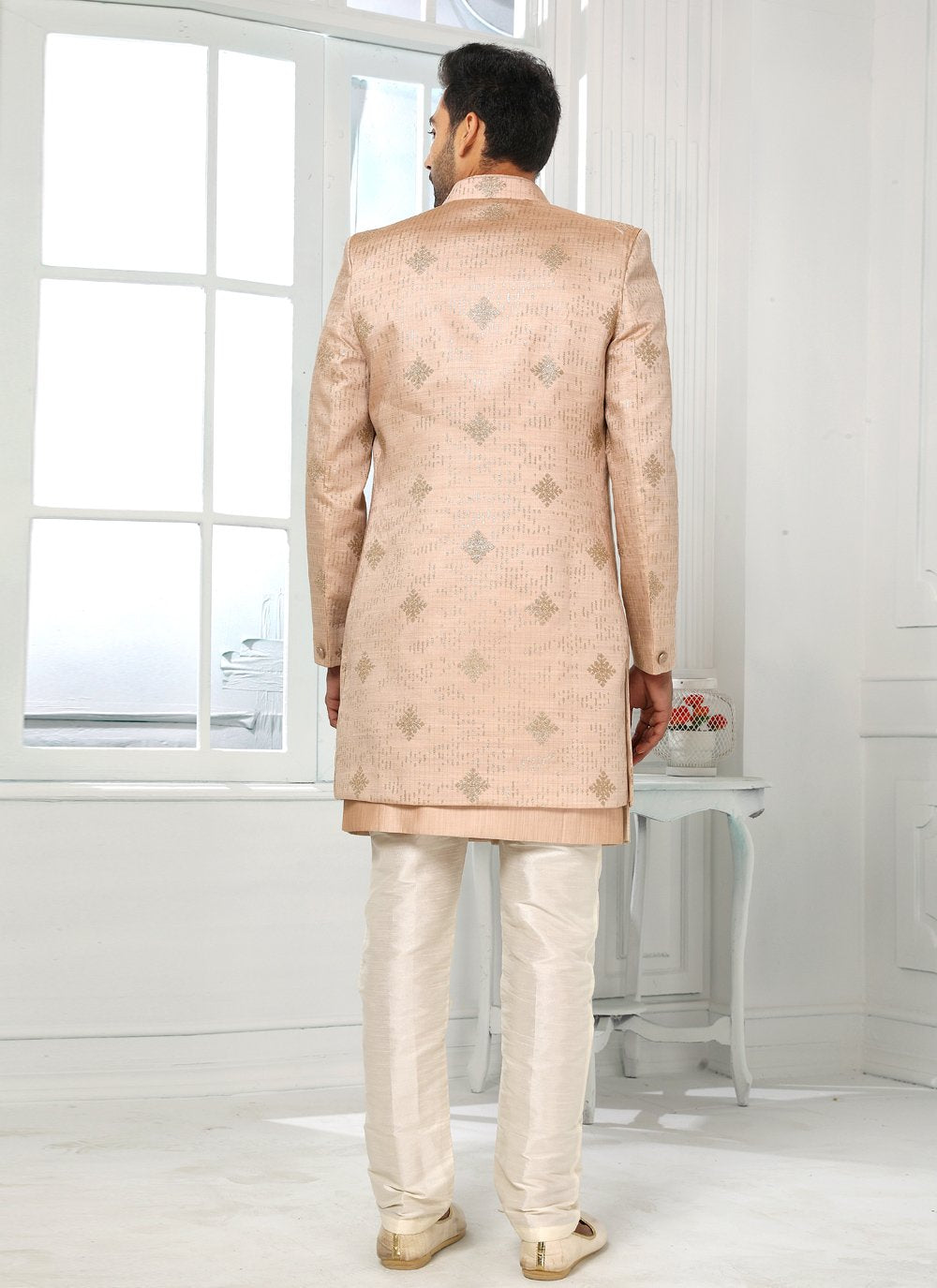 Indo Western Art Silk Peach Machine Embroidery Mens