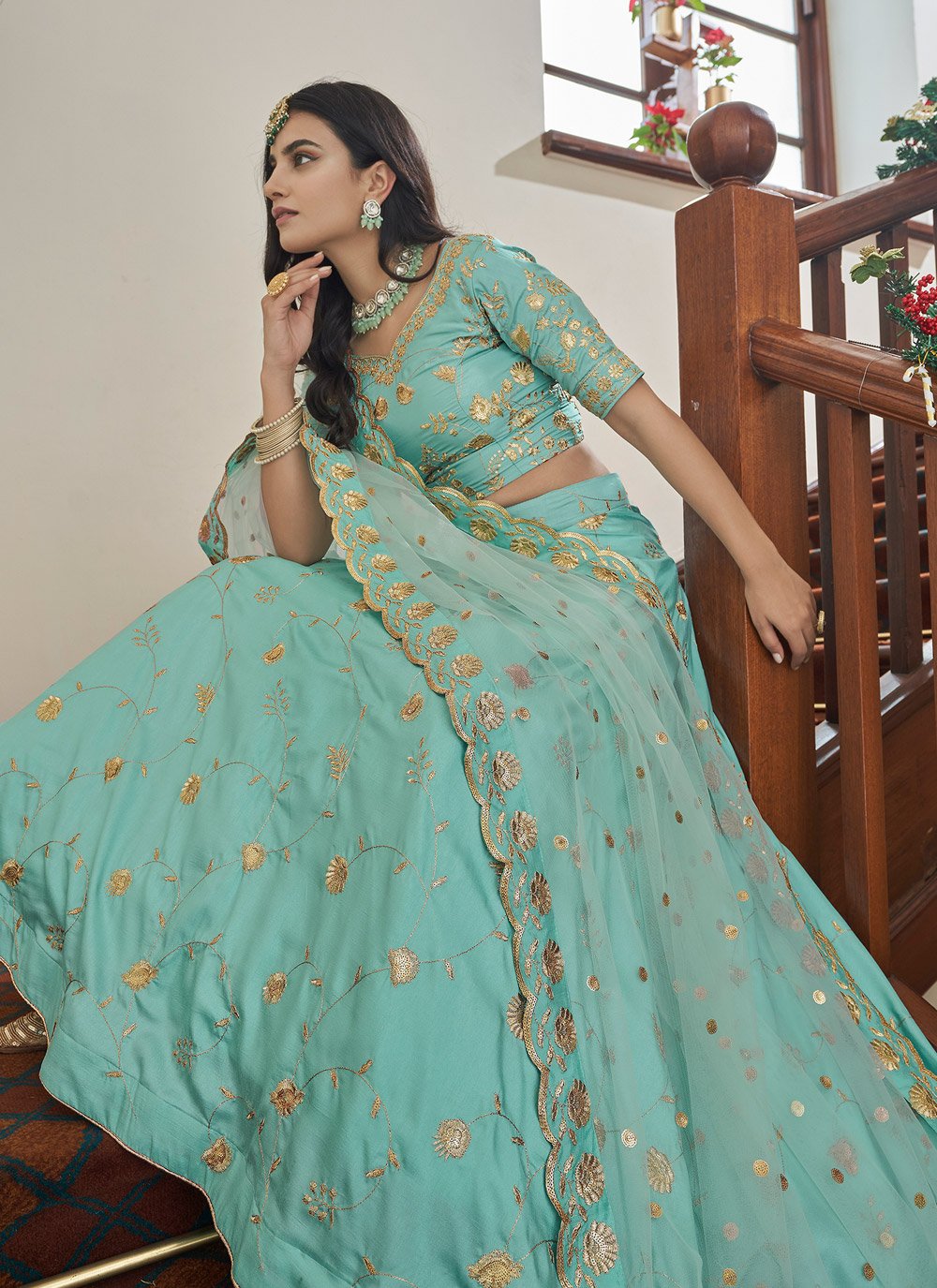 A Line Lehenga Art Silk Sea Green Embroidered Lehenga Choli