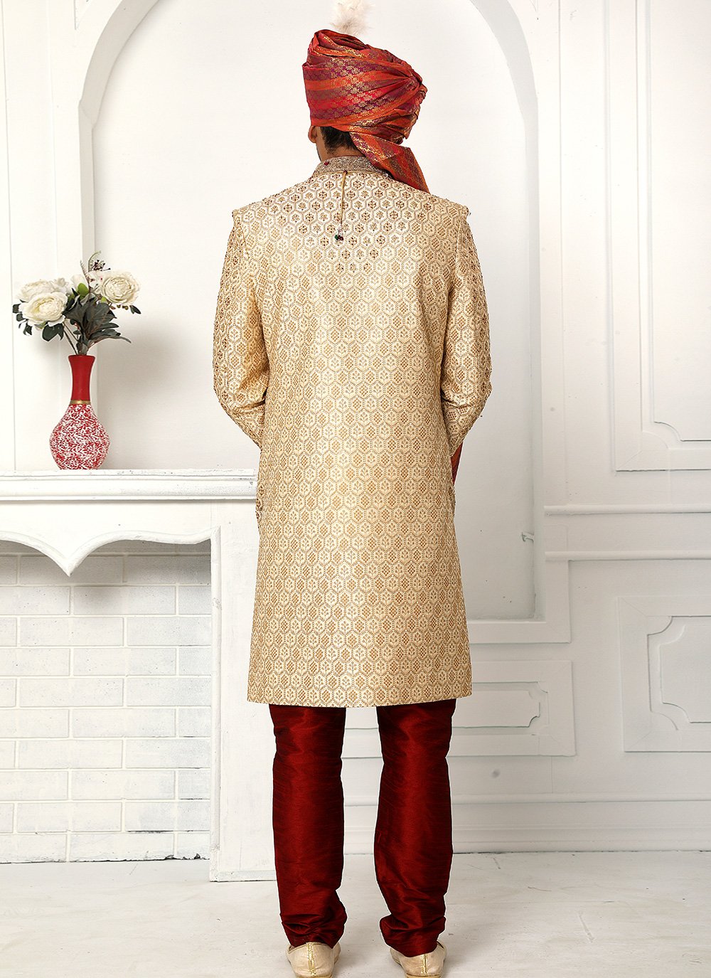 Sherwani Art Silk Beige Machine Embroidery Mens