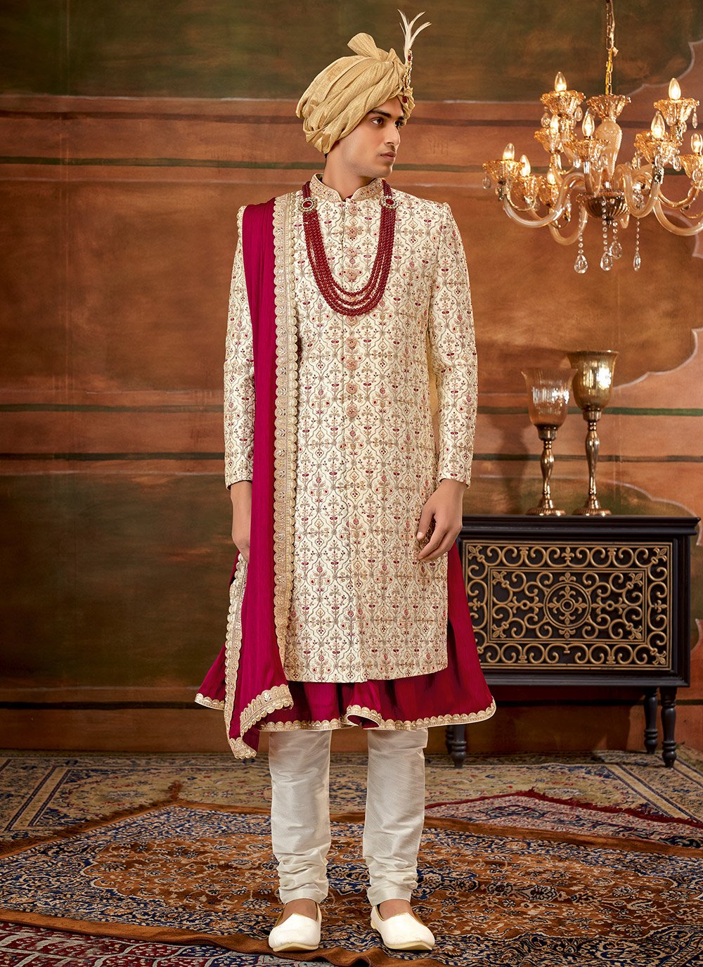 Sherwani Art Silk Cream Hand Work Mens