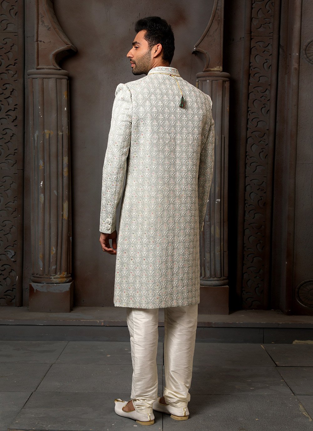 Sherwani Art Silk Grey Machine Embroidery Mens