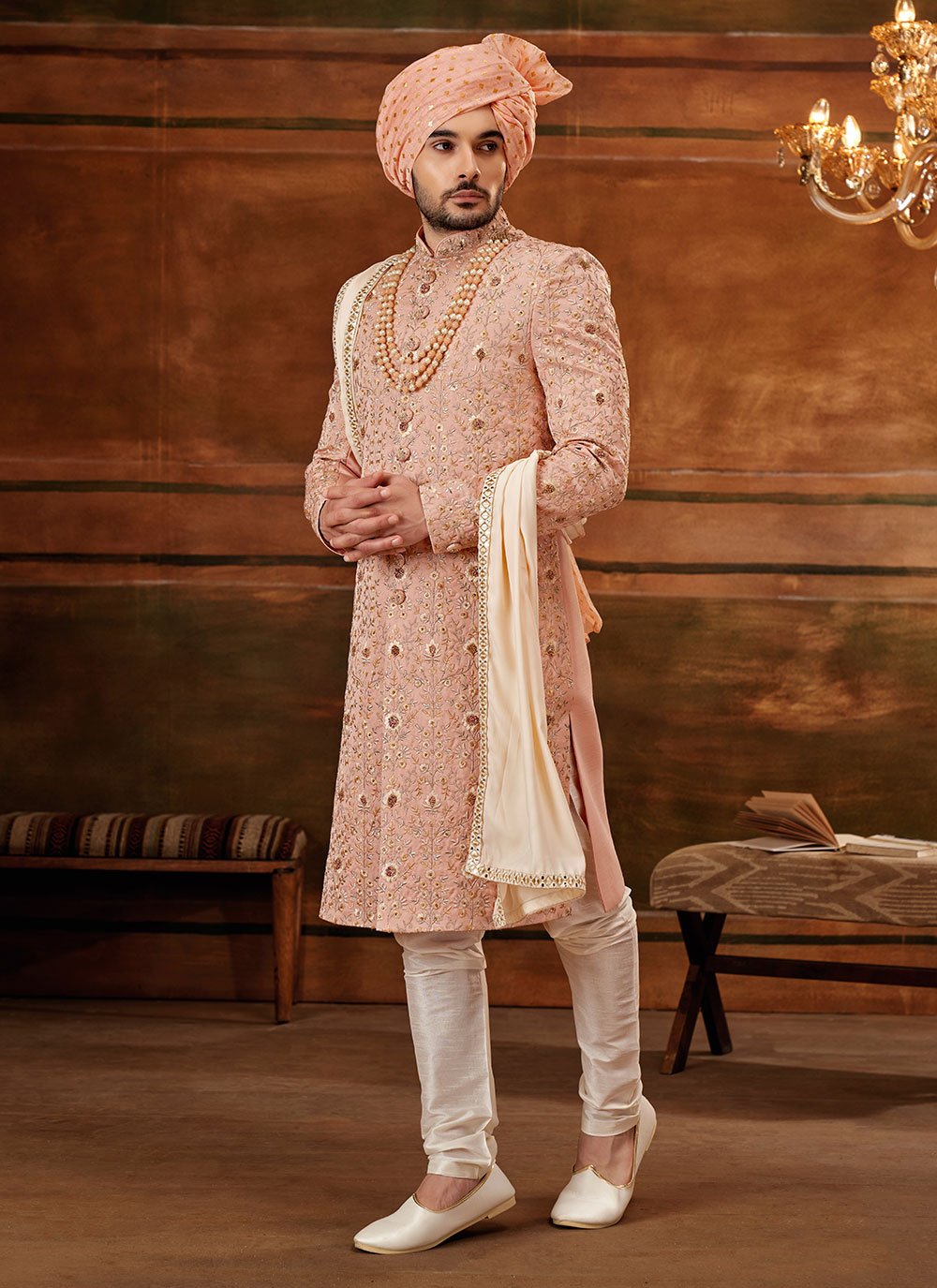 Sherwani Art Silk Pink Hand Work Mens