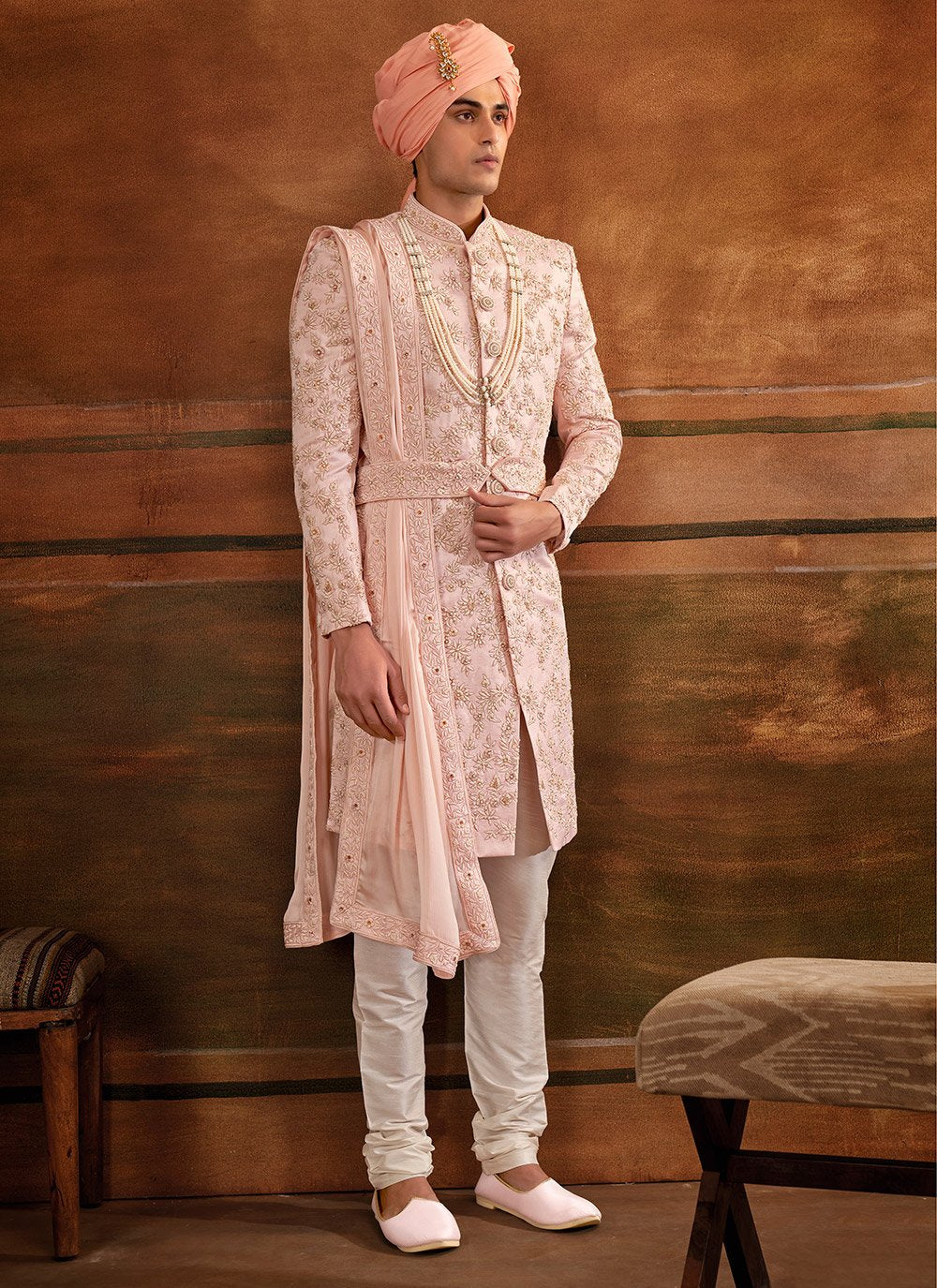 Sherwani Art Silk Pink Hand Work Mens