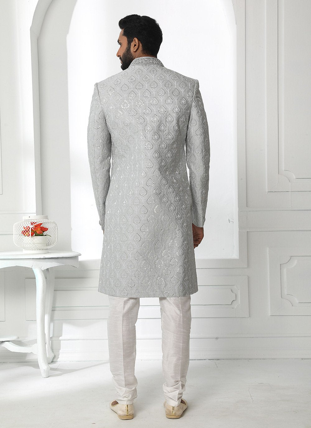 Sherwani Art Silk Grey Machine Embroidery Mens