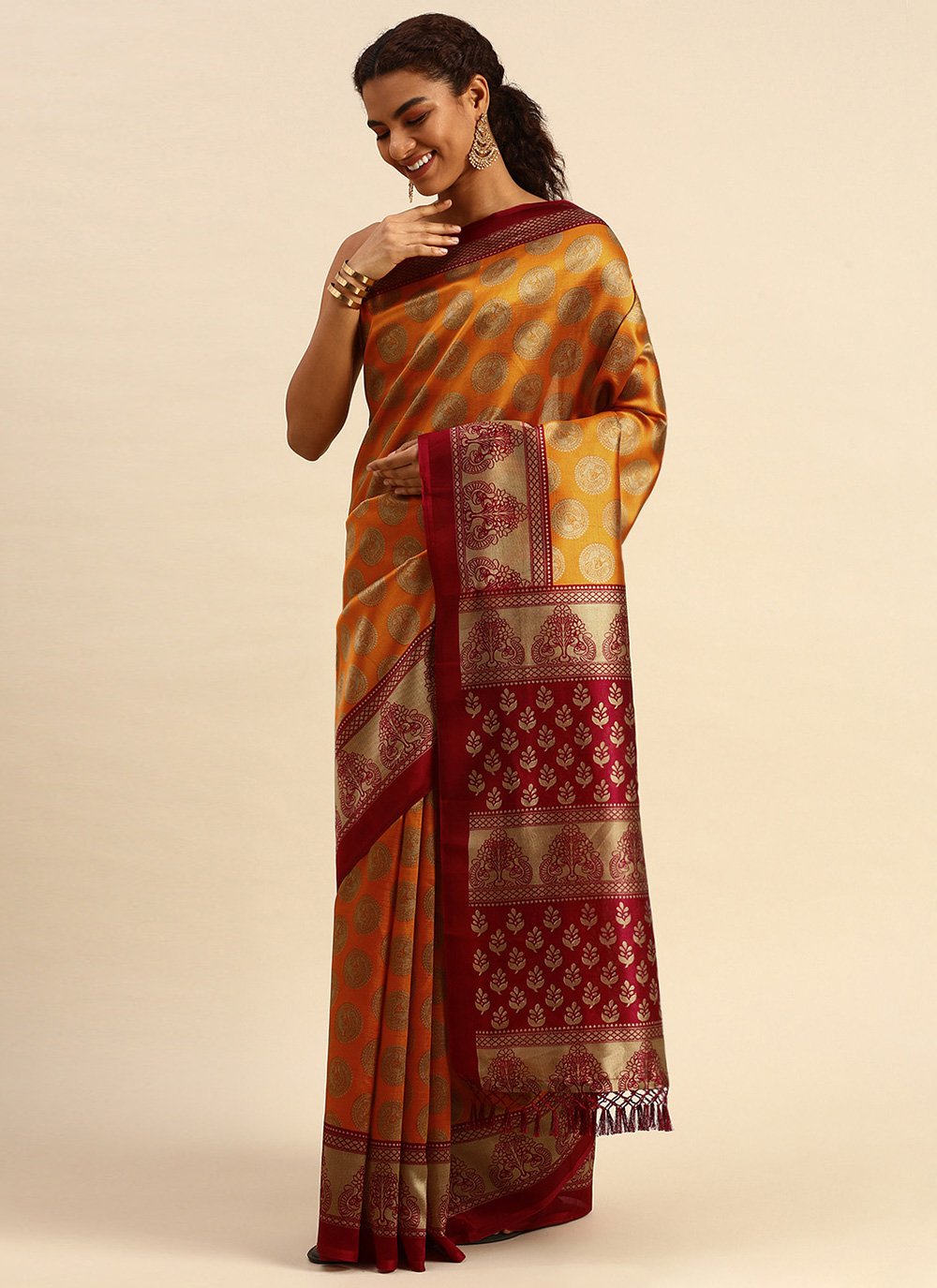 Casual Art Silk Orange Weaving Saree