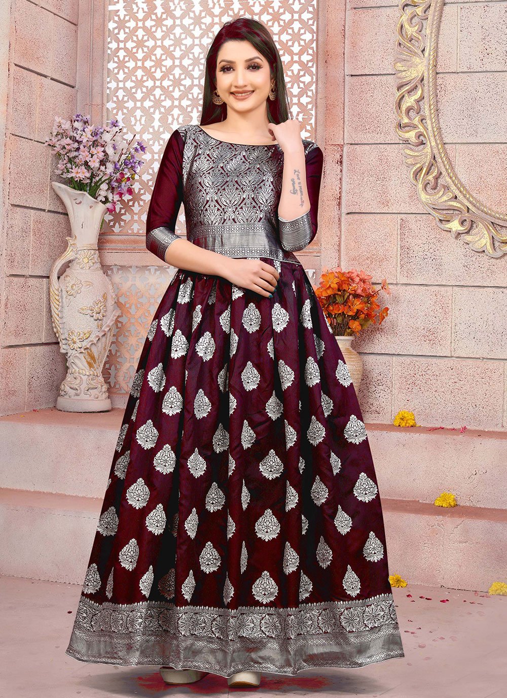 Gown Art Silk Wine Weaving Gown