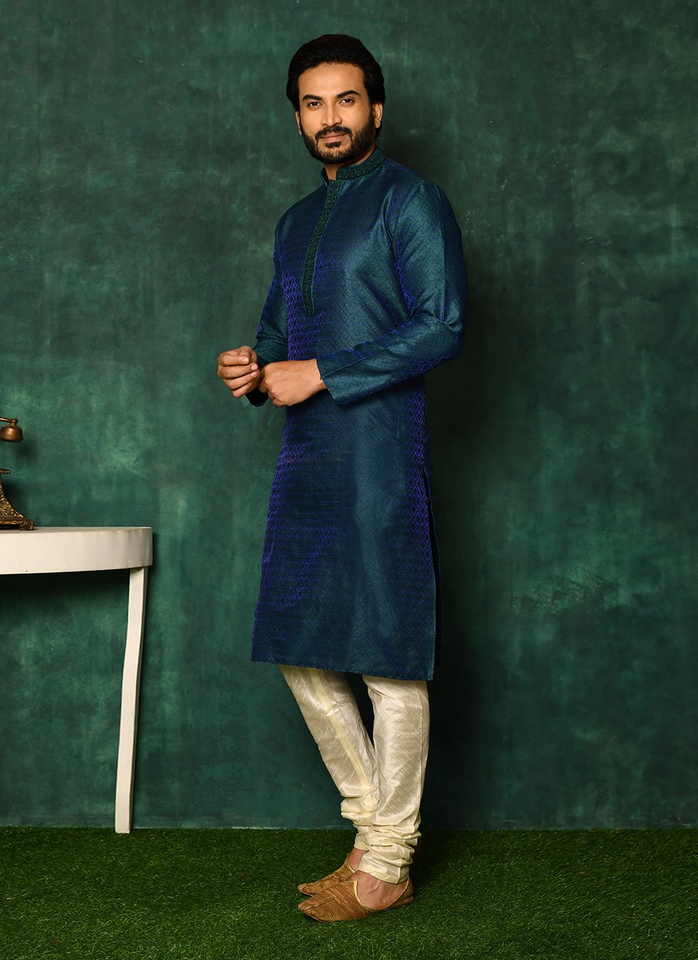 Kurta Pyjama Art Silk Firozi Woven Mens