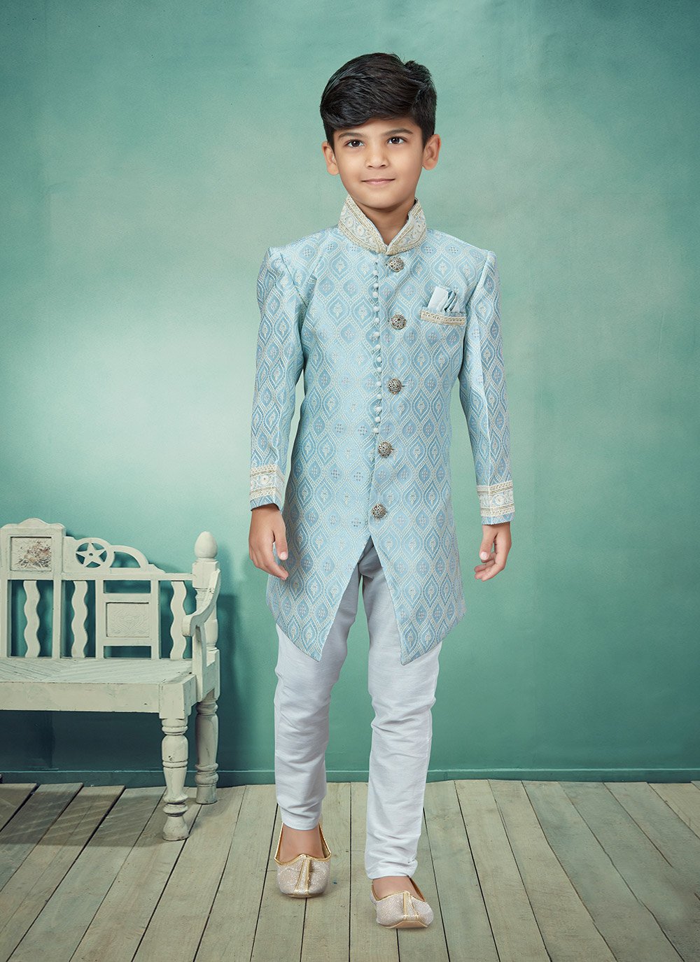 Indo Western Banarasi Jacquard Aqua Blue Lace Kids